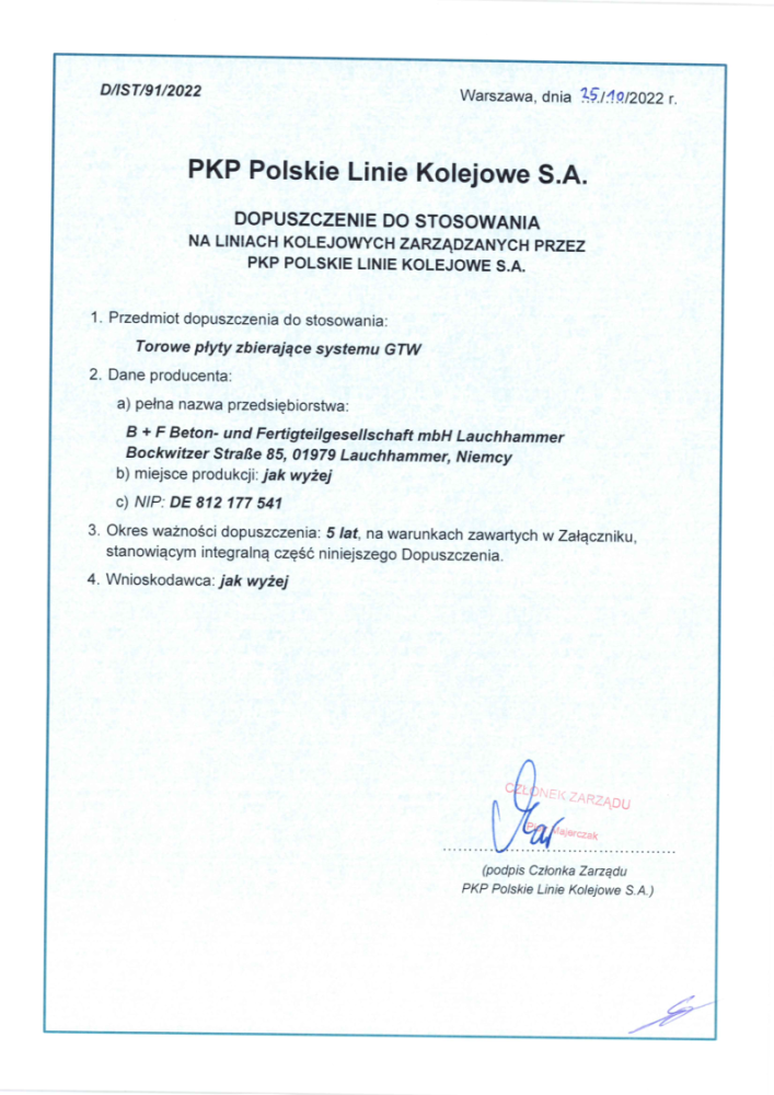 Dopuszczenie na PKP PLK zgodnie z SMS PW-17 dla torowych płyt zbierających (szczelnych wanien torowych) systemu GTW