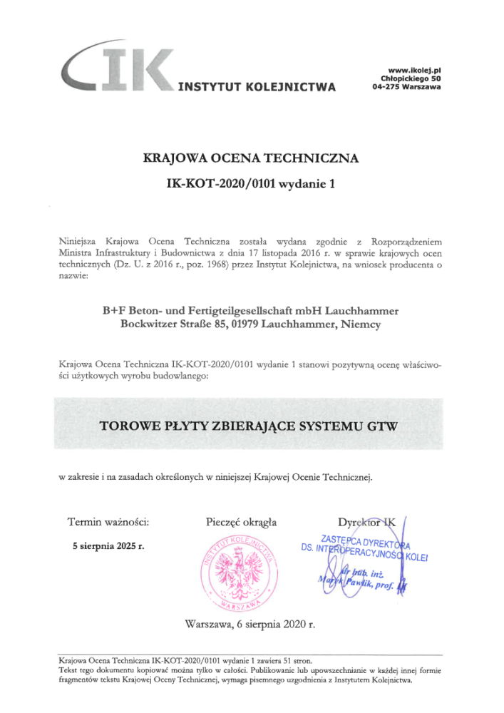 Krajowa Ocena Techniczna dla torowych płyt zbierających (szczelnych wanien torowych) systemu GTW